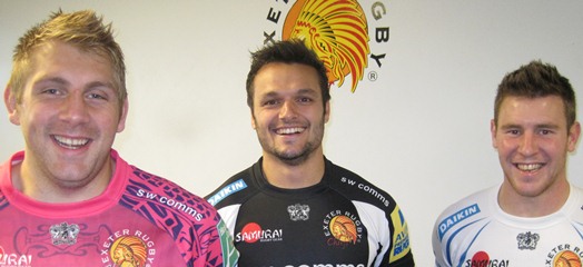 Exeter Chiefs Carl Rimmer, Phil Dollman and Will Chudley, courtesy & copyright Exeter Chiefs Rugby
