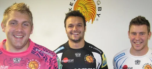 Exeter Chiefs Carl Rimmer, Phil Dollman and Will Chudley, courtesy & copyright Exeter Chiefs Rugby