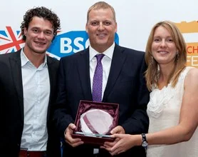 Plymouth Leander head coach Jon Rudd (centre) with Jacco Verhaeran, sporting director of the Dutch Swimming Federation and Laura Rattray, representing Speedo, image courtesy darren shipman at dpix, bromsgrove